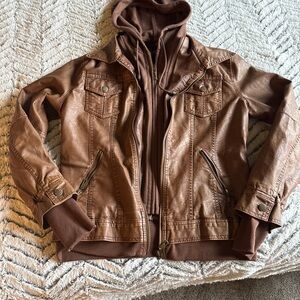 Lock & Love Brown Faux Leather jacket, removable hood- size large